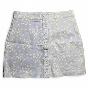 Blue and White Cotton Floral Mini Skirt with Buttons